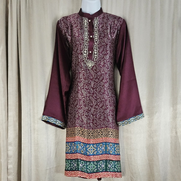 NWOT purple pink green blue red mix print jewel kurta tunic dress Womens Large - Picture 7 of 8